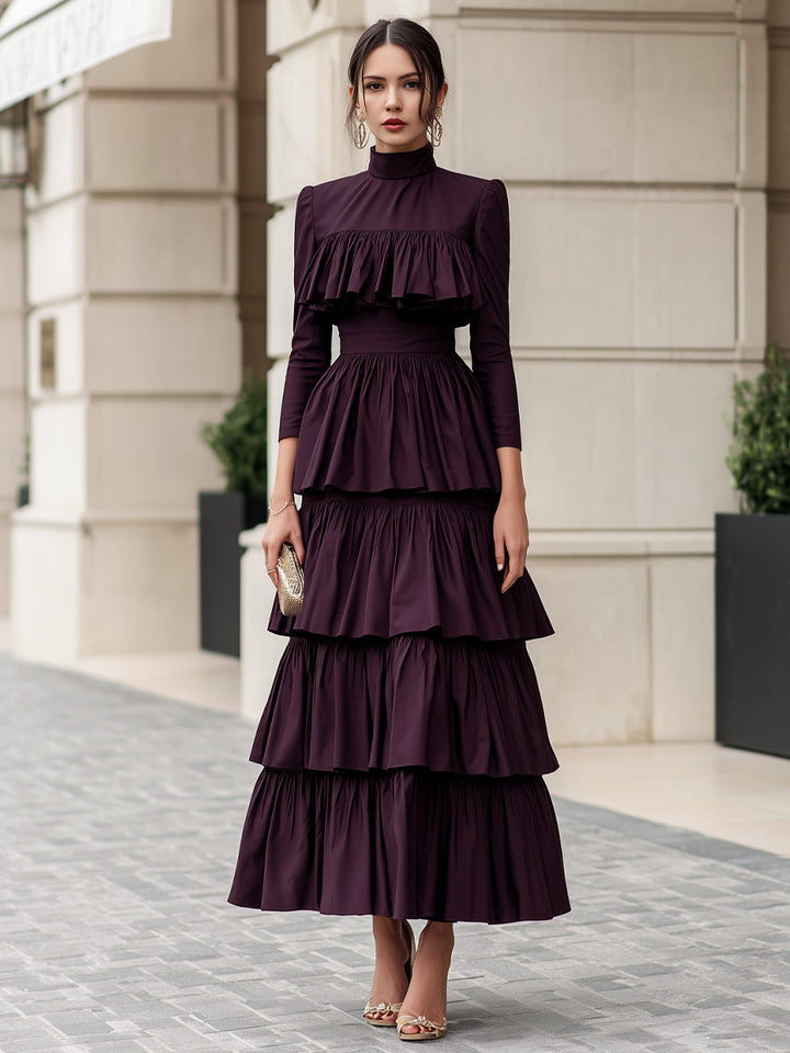 High Neck Multi-Tiered Ruffle Maxi Dress