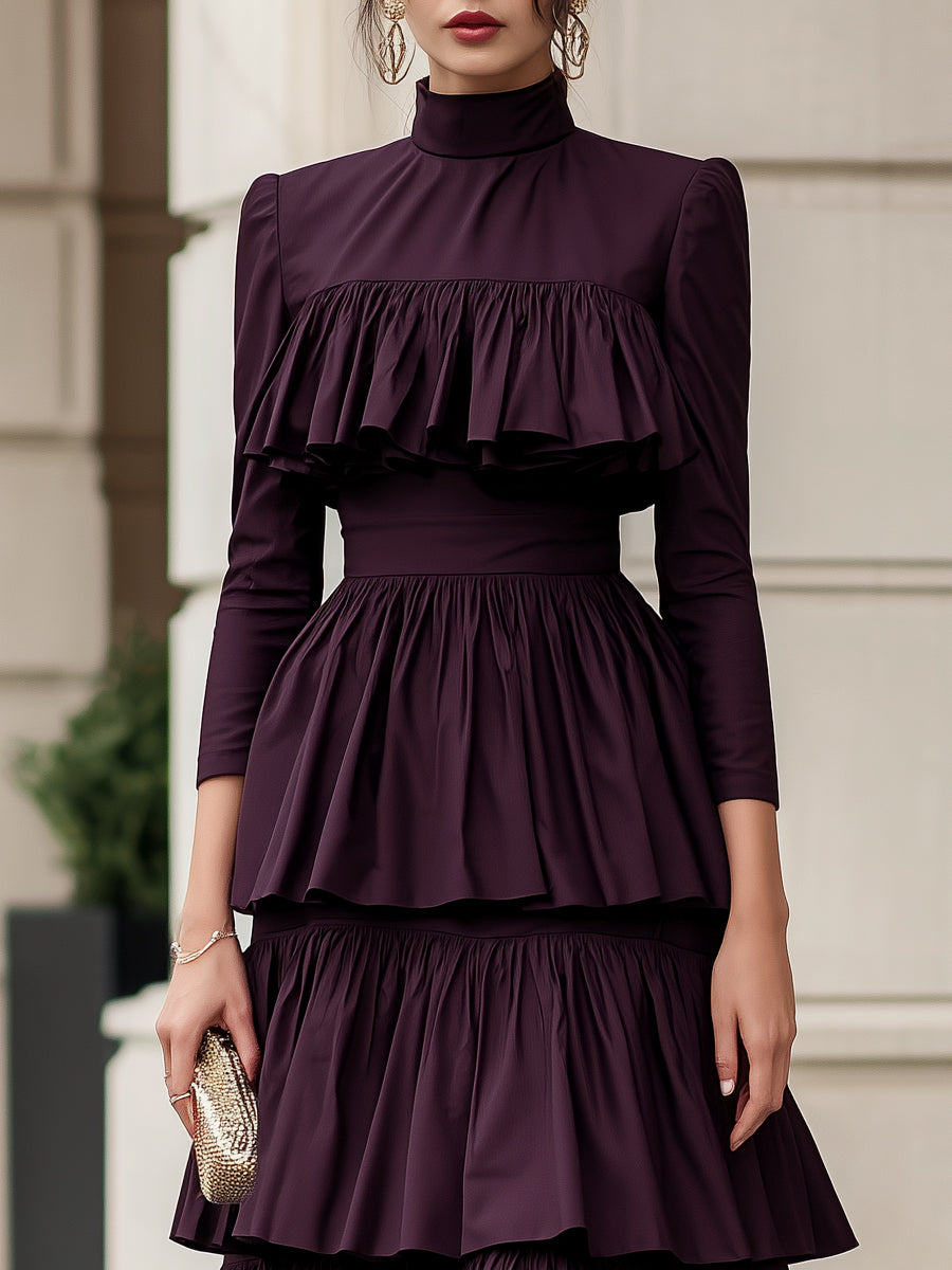 High Neck Multi-Tiered Ruffle Maxi Dress