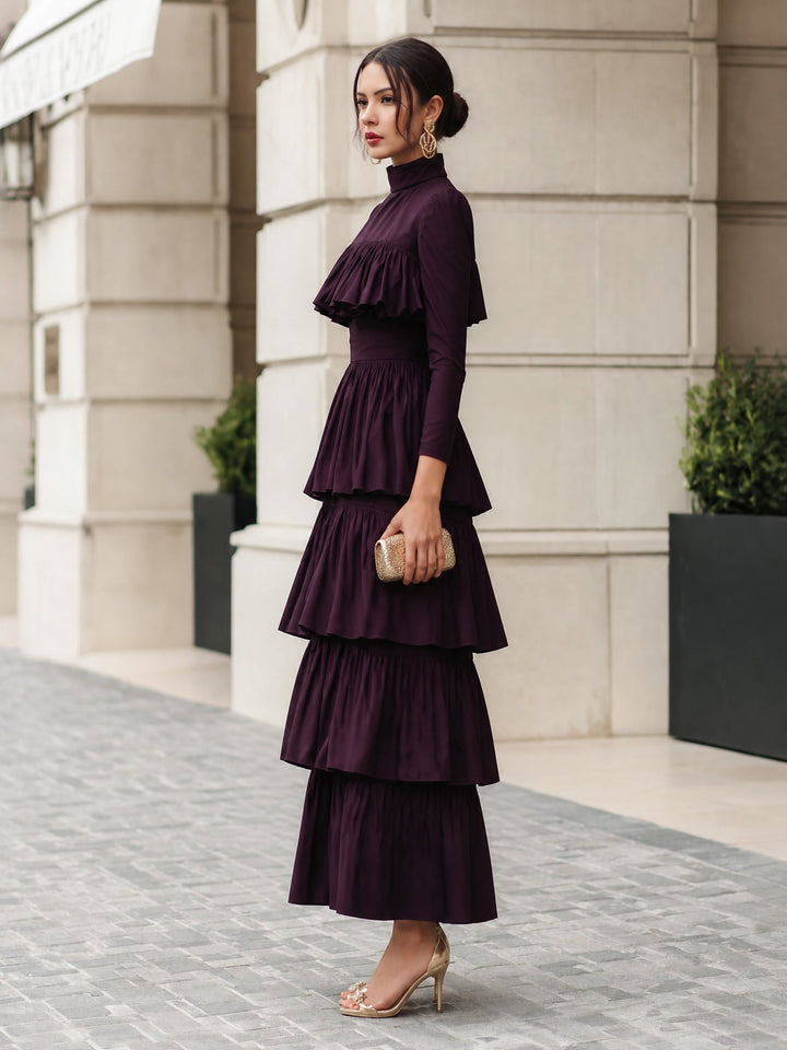High Neck Multi-Tiered Ruffle Maxi Dress