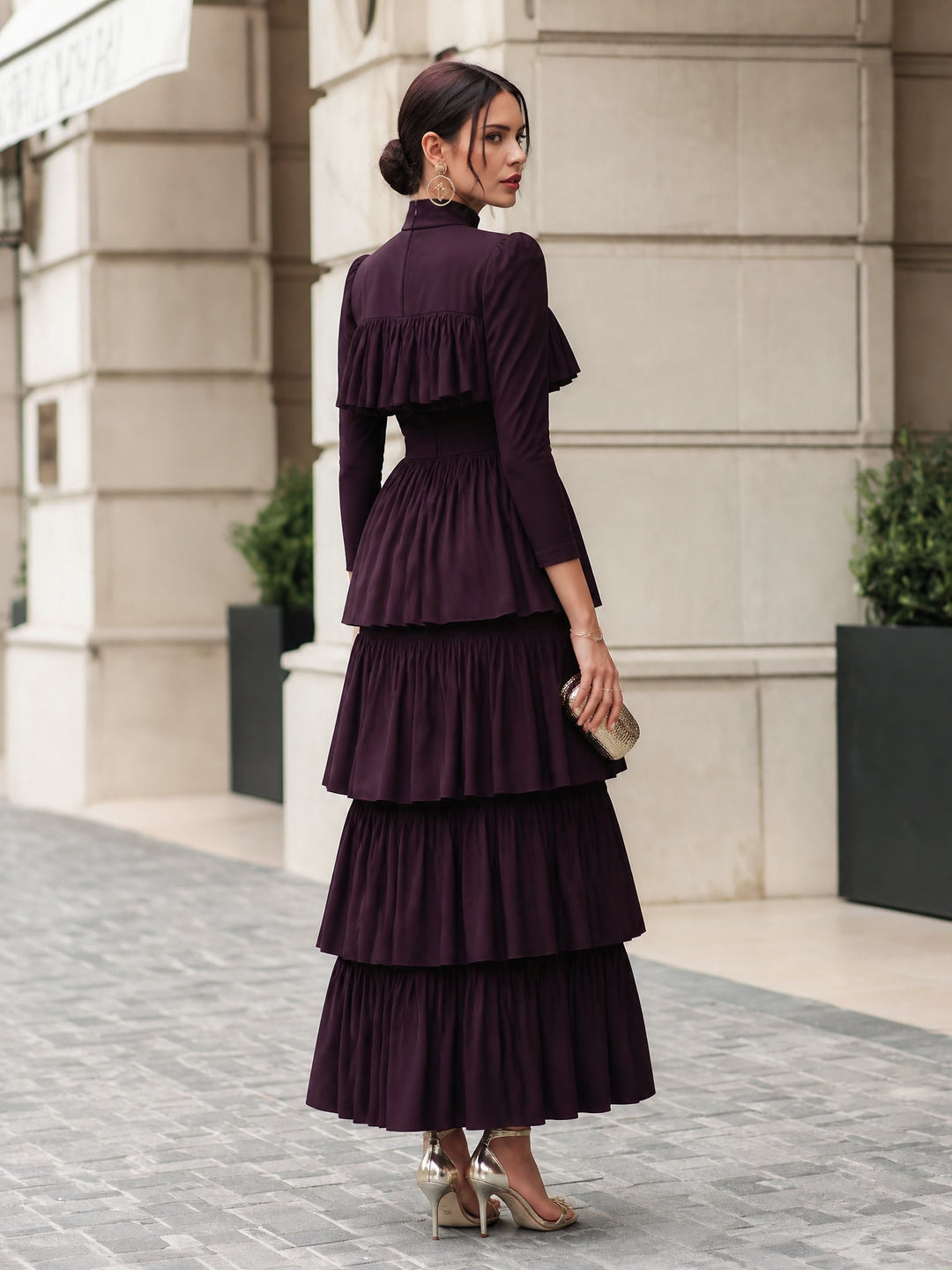 High Neck Multi-Tiered Ruffle Maxi Dress