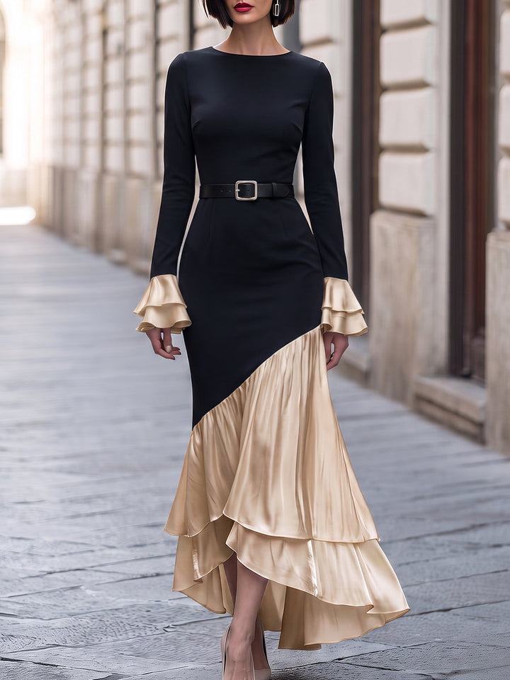 Asymmetric Color Block Pleated Maxi Dress