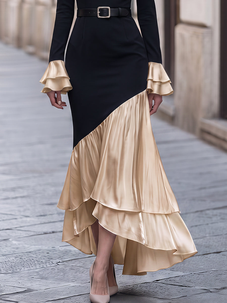 Asymmetric Color Block Pleated Maxi Dress