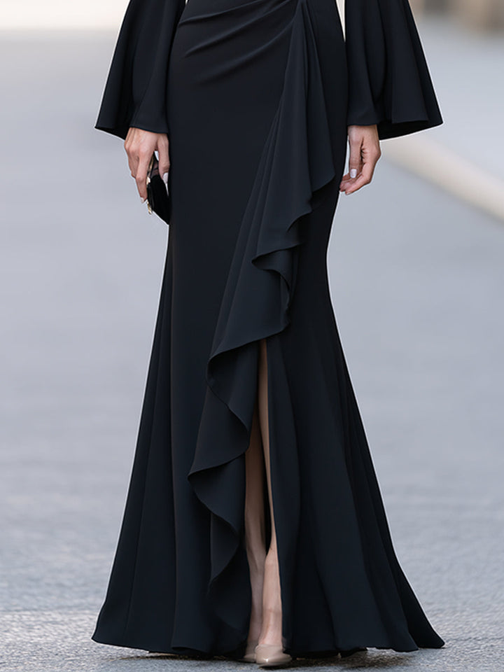 Draped Ruffle Bell Sleeve Maxi Dress