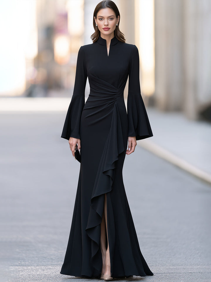 Draped Ruffle Bell Sleeve Maxi Dress