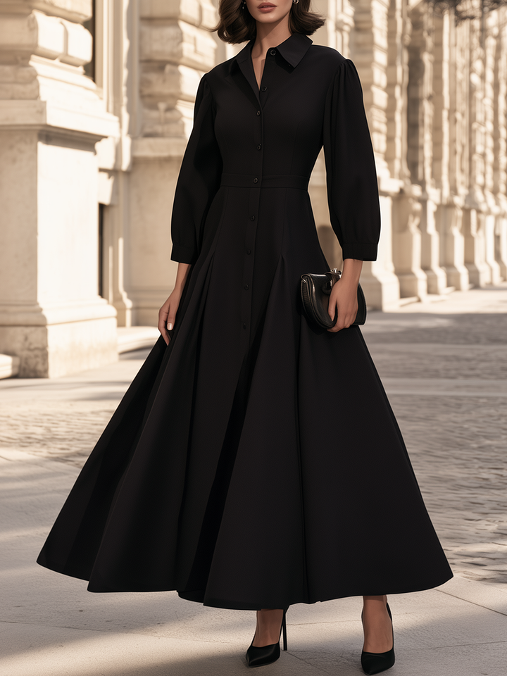 Elegant Black Shirt Collar Puff Sleeve A-Line Maxi Dress