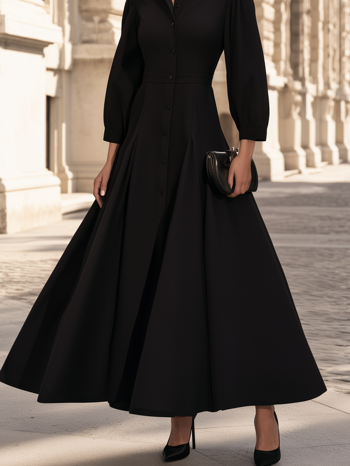 Elegant Black Shirt Collar Puff Sleeve A-Line Maxi Dress
