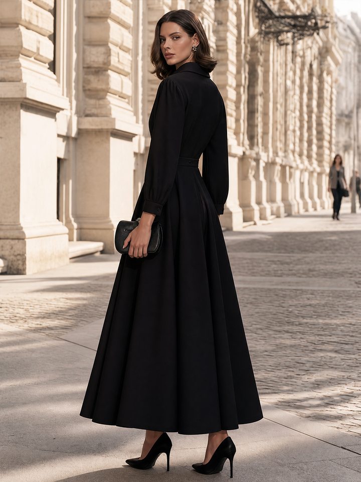 Elegant Black Shirt Collar Puff Sleeve A-Line Maxi Dress