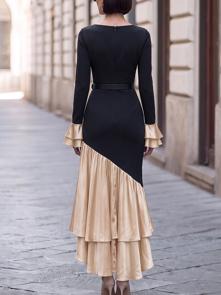 Asymmetric Color Block Pleated Maxi Dress