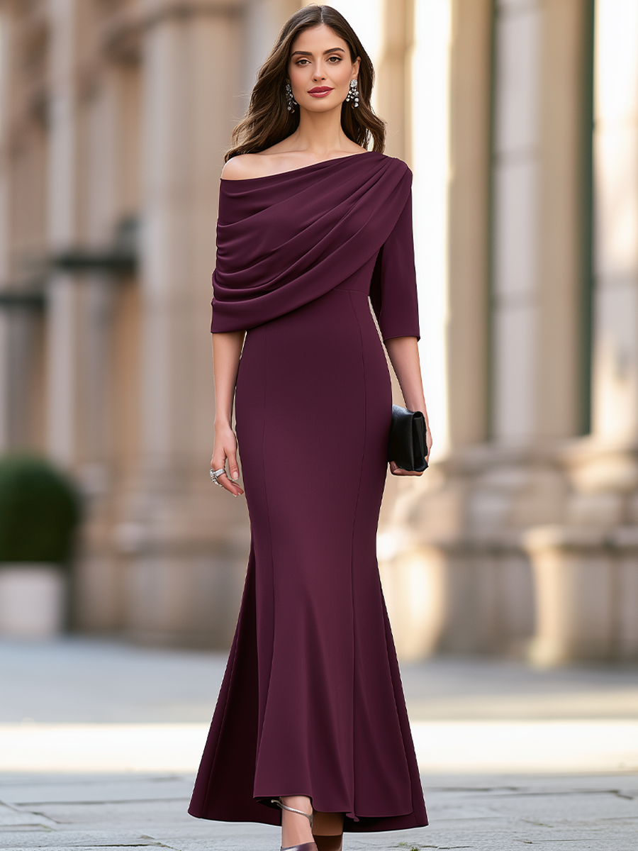 Elegant Draped Asymmetric Off-Shoulder Mermaid Evening Maxi Dress