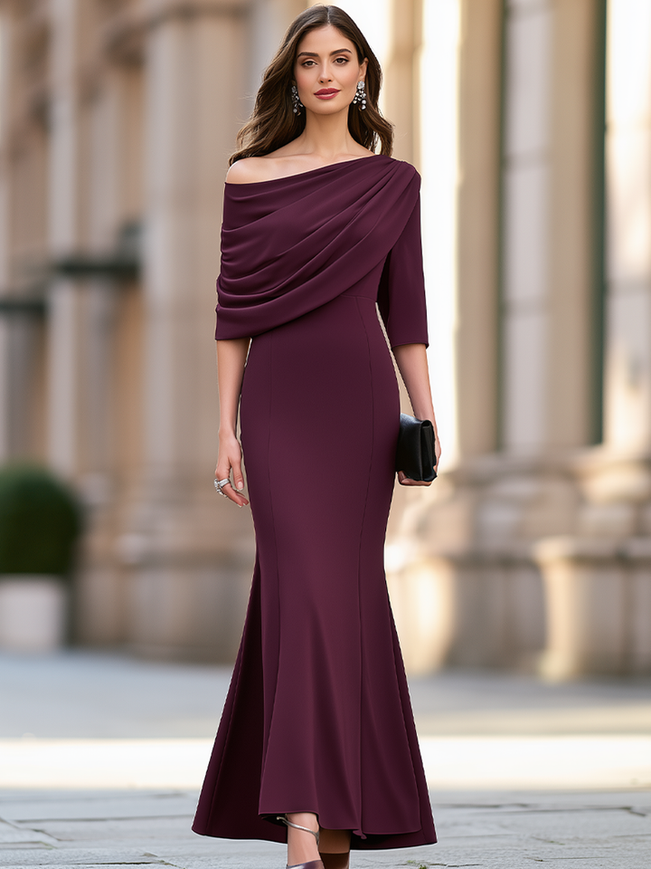 Elegant Draped Asymmetric Off-Shoulder Mermaid Evening Maxi Dress