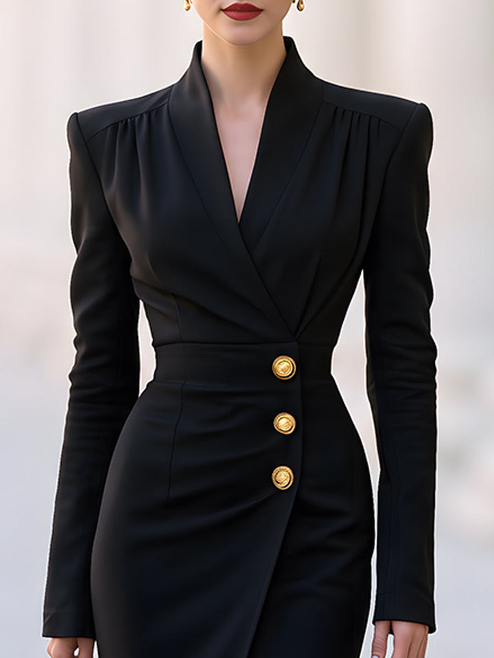 Structured Lapel Button-Front Maxi Dress