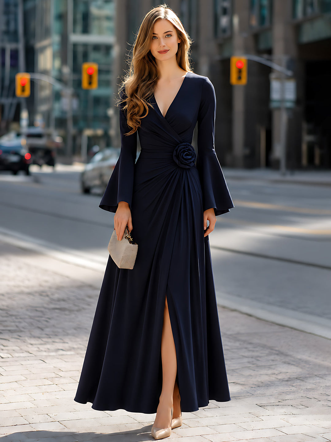 Floral Pleated Slit Bell-Sleeve Maxi Dress