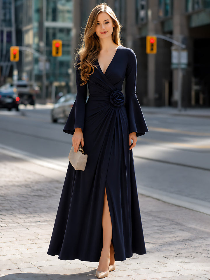 Floral Pleated Slit Bell-Sleeve Maxi Dress