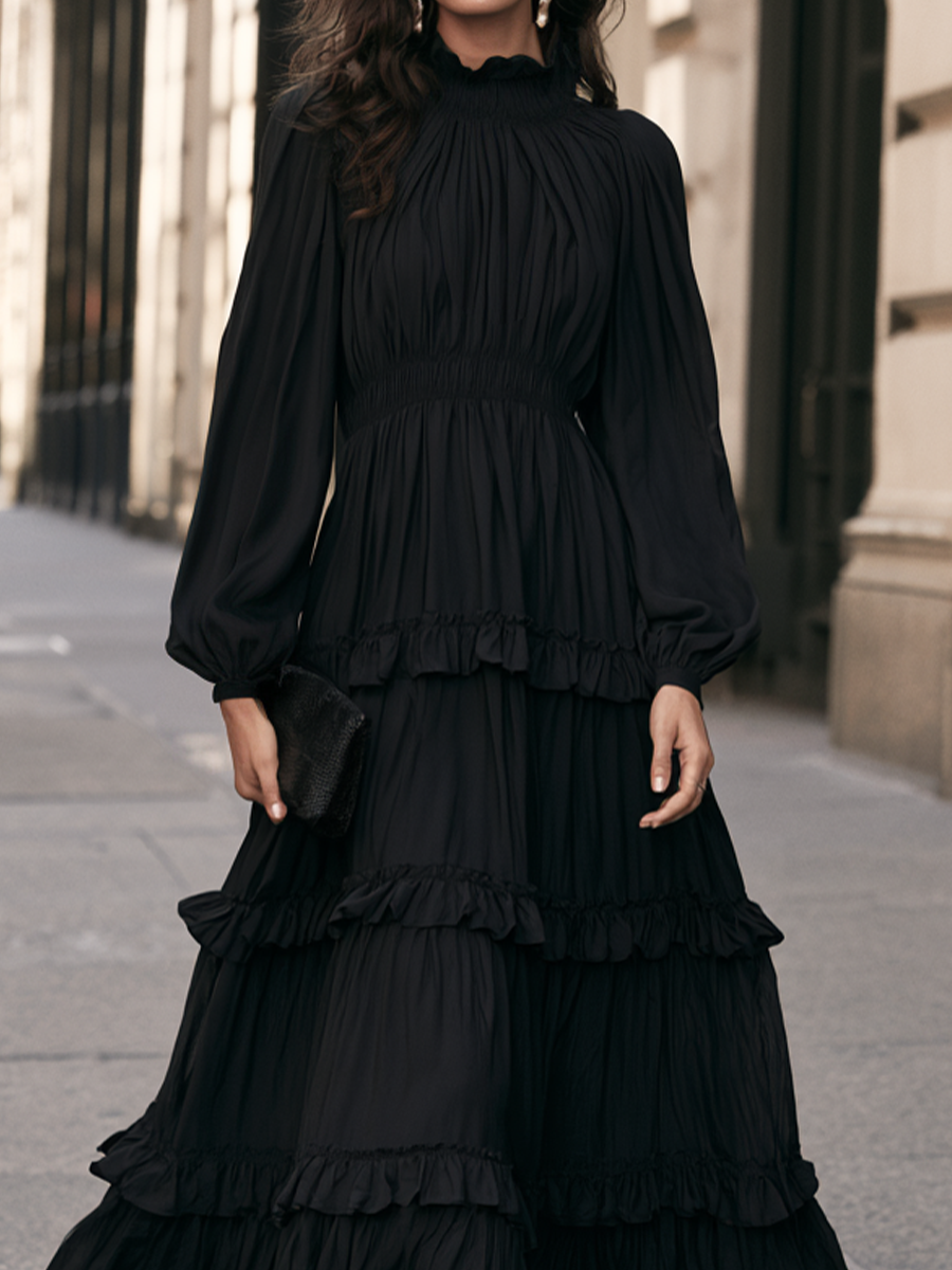 Elegant High-Neck Tiered Ruffle Long-Sleeve Maxi Dress