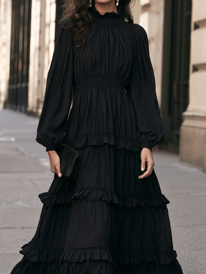Elegant High-Neck Tiered Ruffle Long-Sleeve Maxi Dress