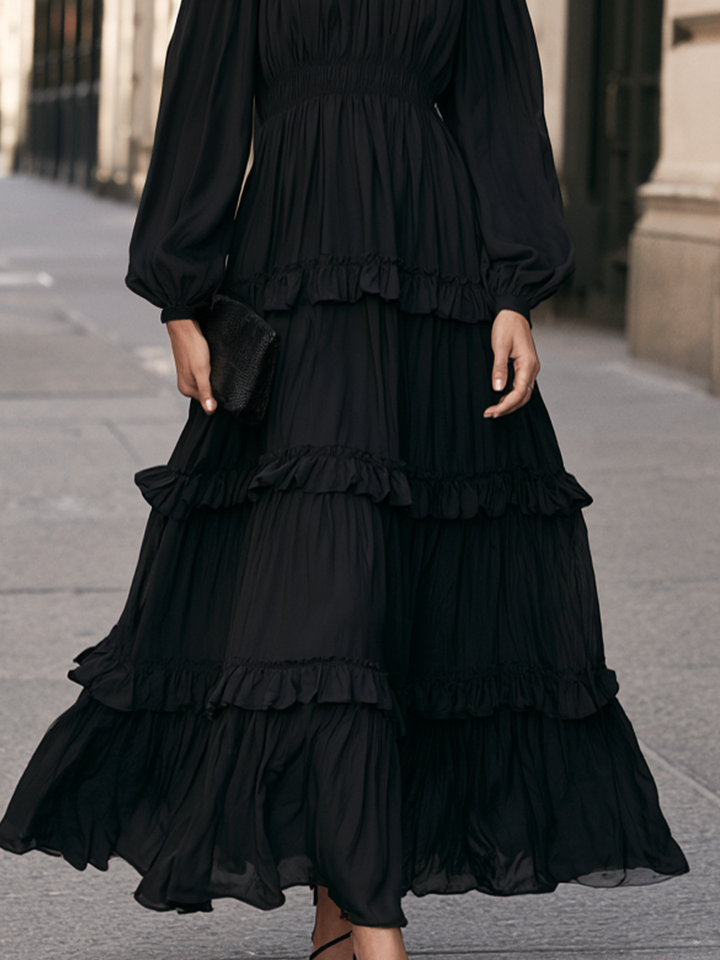 Elegant High-Neck Tiered Ruffle Long-Sleeve Maxi Dress