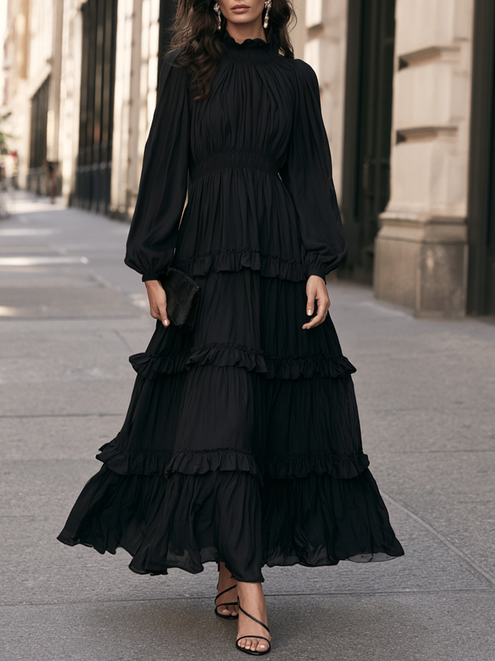 Elegant High-Neck Tiered Ruffle Long-Sleeve Maxi Dress