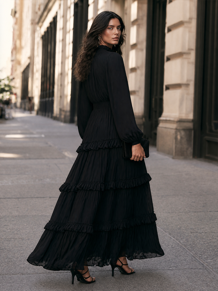 Elegant High-Neck Tiered Ruffle Long-Sleeve Maxi Dress