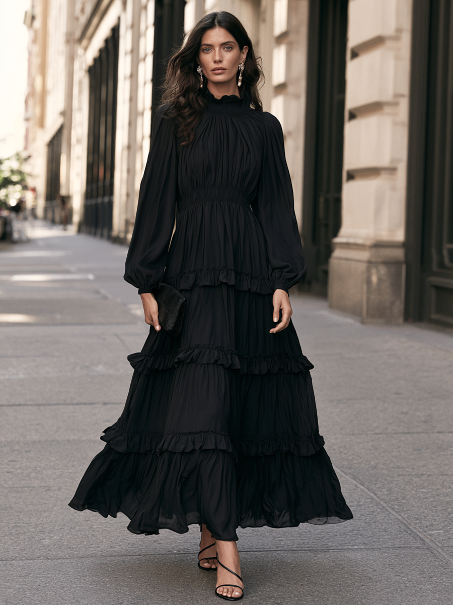 Elegant High-Neck Tiered Ruffle Long-Sleeve Maxi Dress