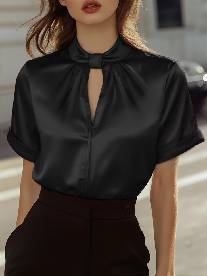Sophisticated White Satin Blouse with Modern Keyhole Neckline
