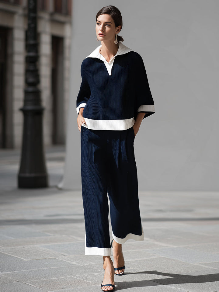 Sophisticated Nautical Ribbed Knit Two-Piece Lounge Set
