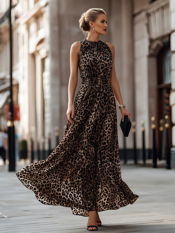 Sleeveless Leopard Print Flowing Maxi Dress