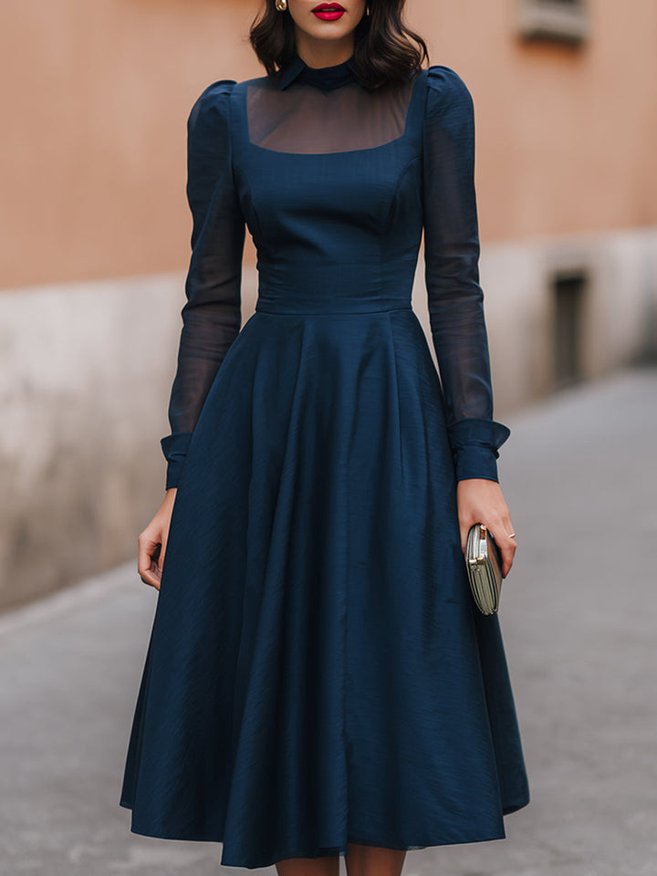 Navy Sheer-Yoke Long Sleeve A-Line Midi Dress