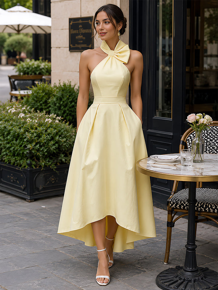 Halter Neck Bow Detail High-Low A-Line Maxi Dress