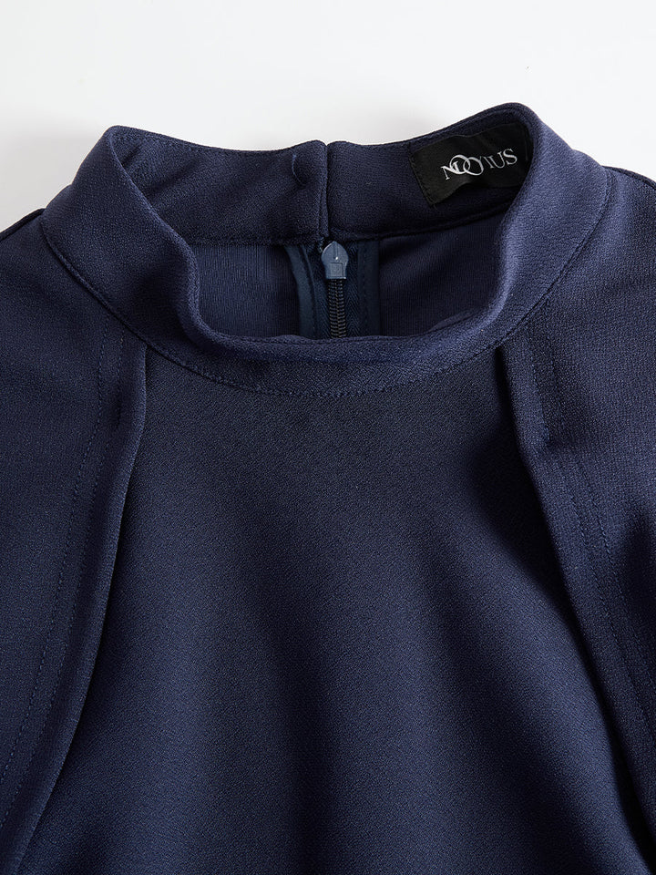 Elegant Navy Cape-Sleeve Midi Dress
