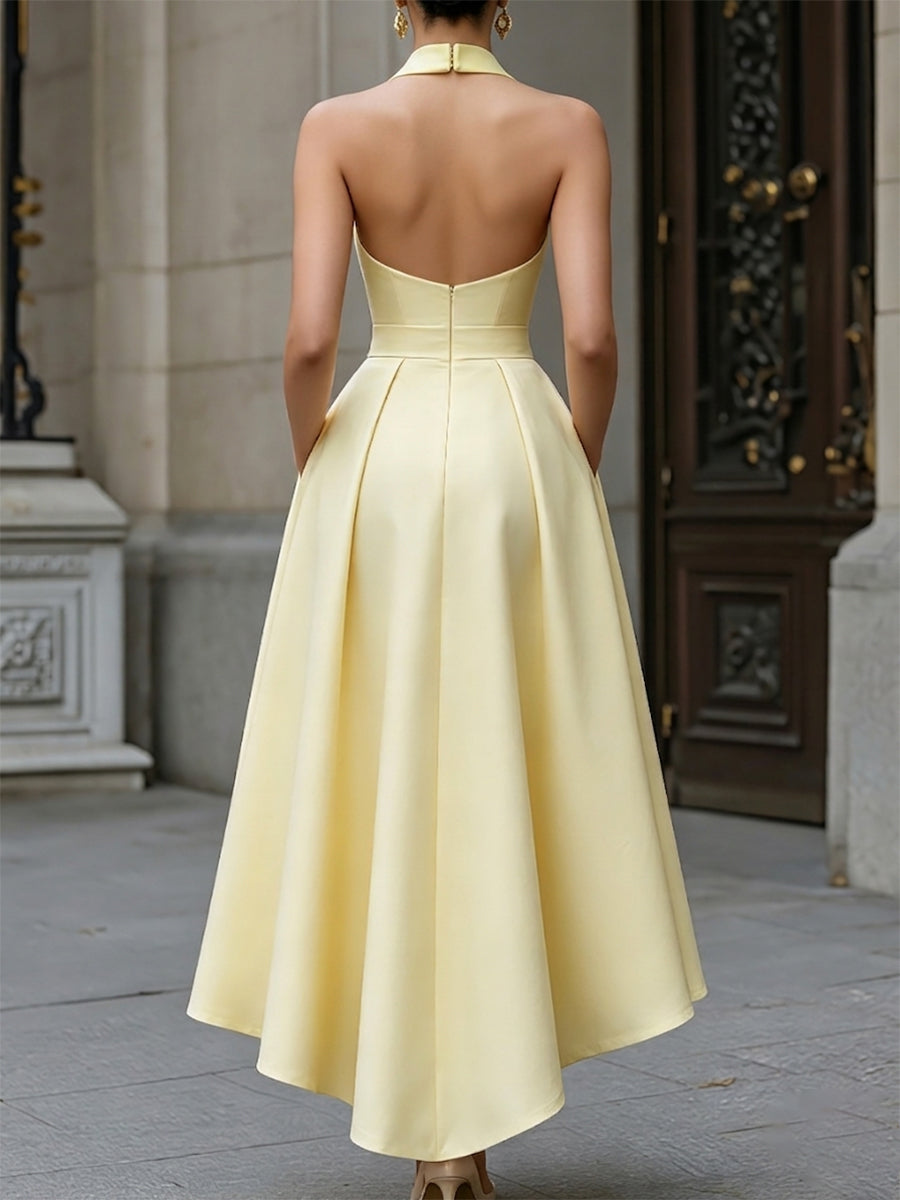 Halter Neck Bow Detail High-Low A-Line Maxi Dress