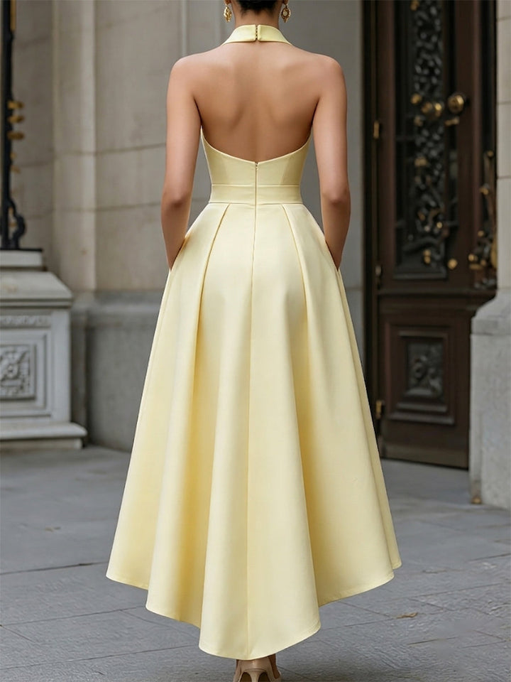 Halter Neck Bow Detail High-Low A-Line Maxi Dress
