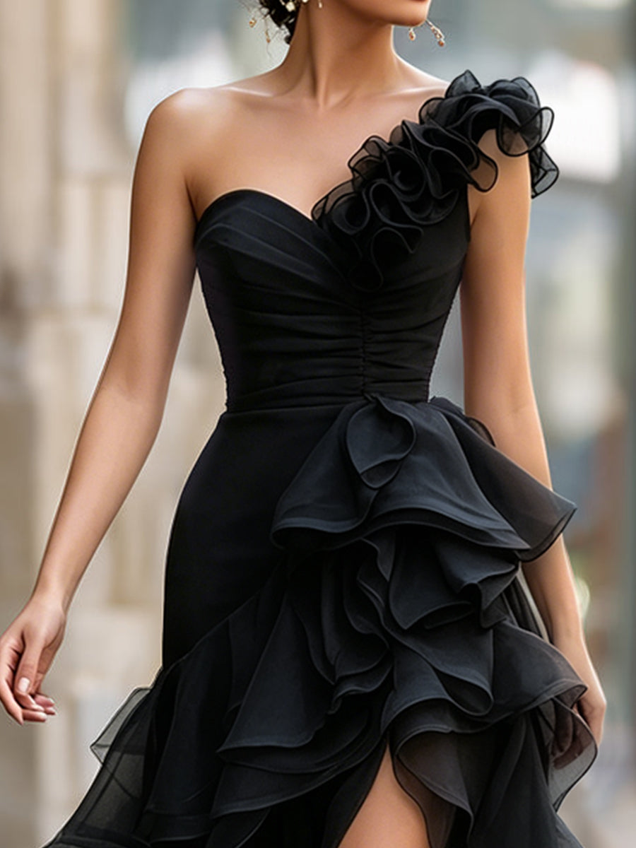 Black One-Shoulder Ruffled Evening Gown With Front Slit