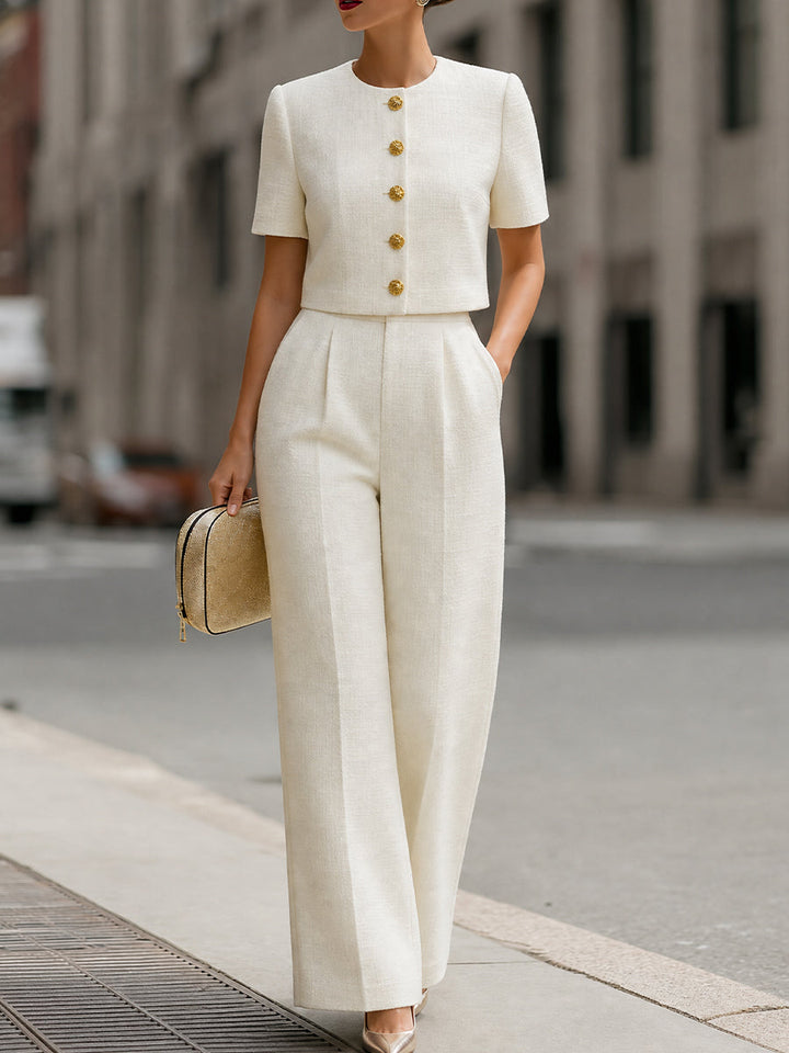 Tweed Cropped Short-Sleeve Jacket & High-Waisted Wide-Leg Pants Two-Piece Set