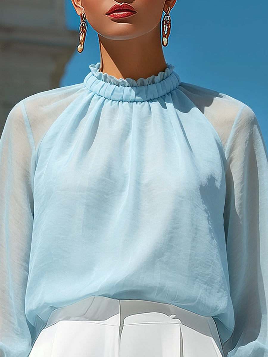 Sheer Pleated High-Neck Blouson Sleeve Blouse