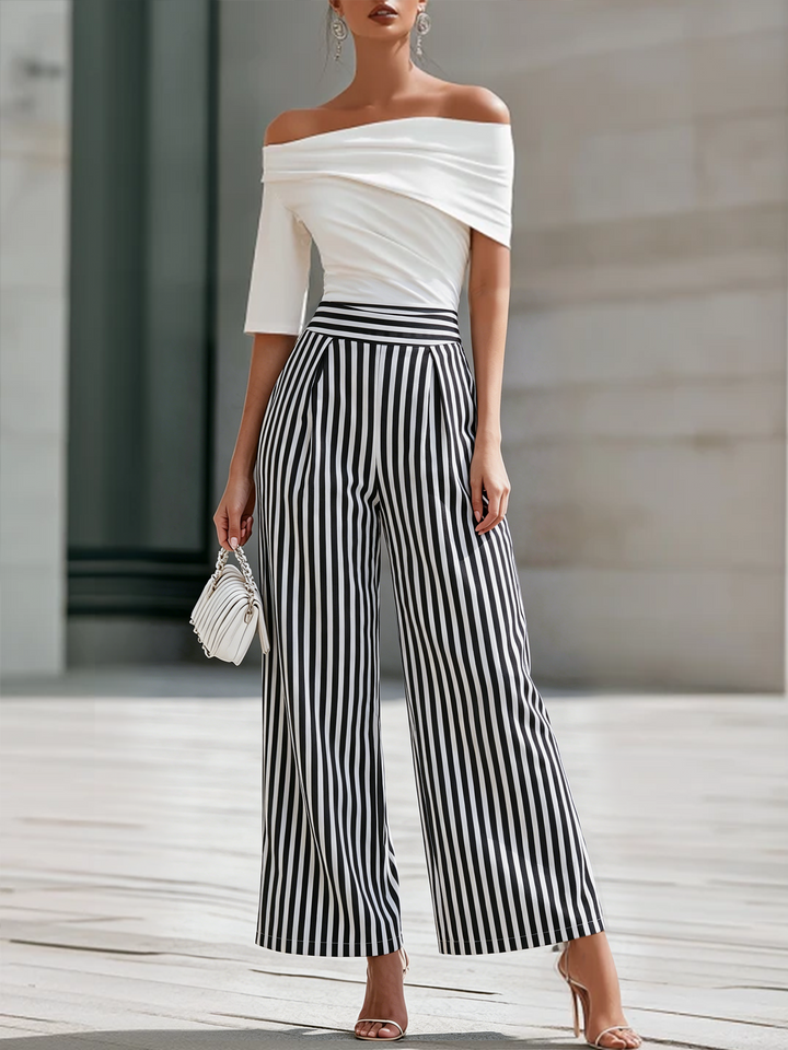 Off-Shoulder Draped Top And Striped Wide-Leg Pants Set