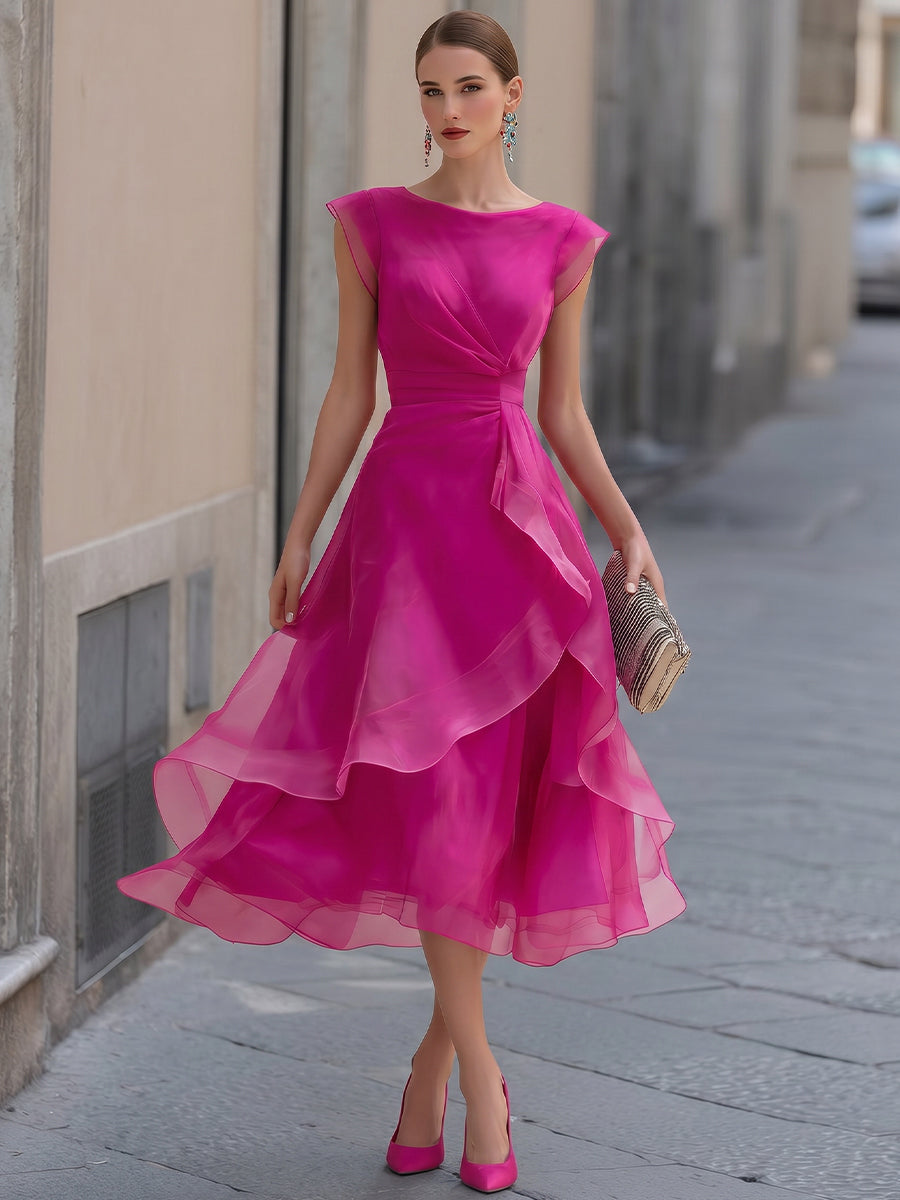 Layered Organza Cap Sleeve A-Line Midi Dress
