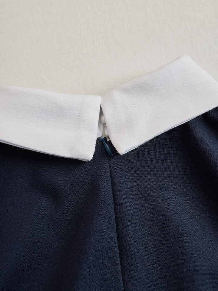 Elegant Navy & White Contrast Button-Up Midi Dress