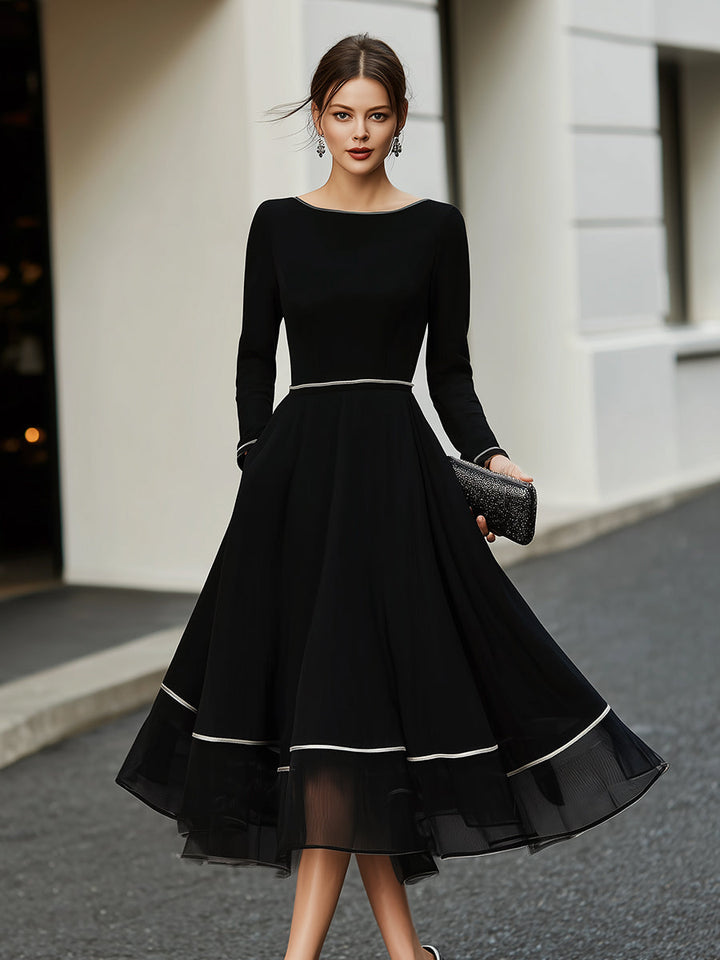 Long Sleeve Contrast Trim Midi Dress With Flared Skirt