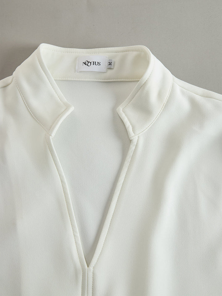 Ivory Stand Collar Split Neck Blouse & Wide-Leg Pants Two-Piece Suit