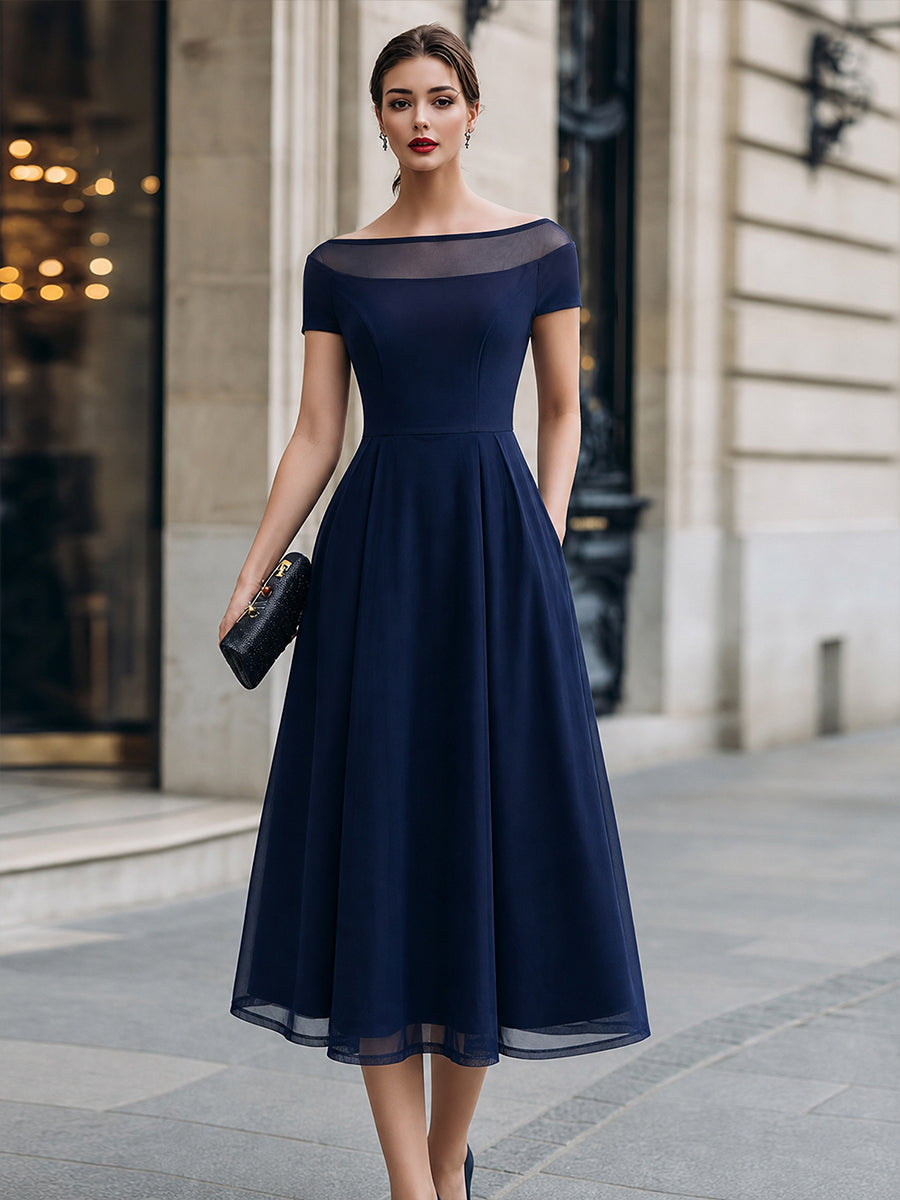 Off-Shoulder Illusion Mesh A-Line Midi Dress