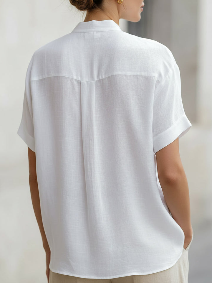 White Linen-Blend Stand Collar Short-Sleeve Blouse