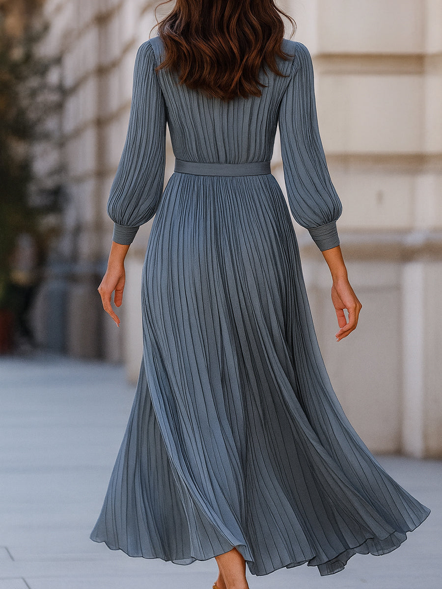 Mooyius Steel Blue Pleated Midi Dress