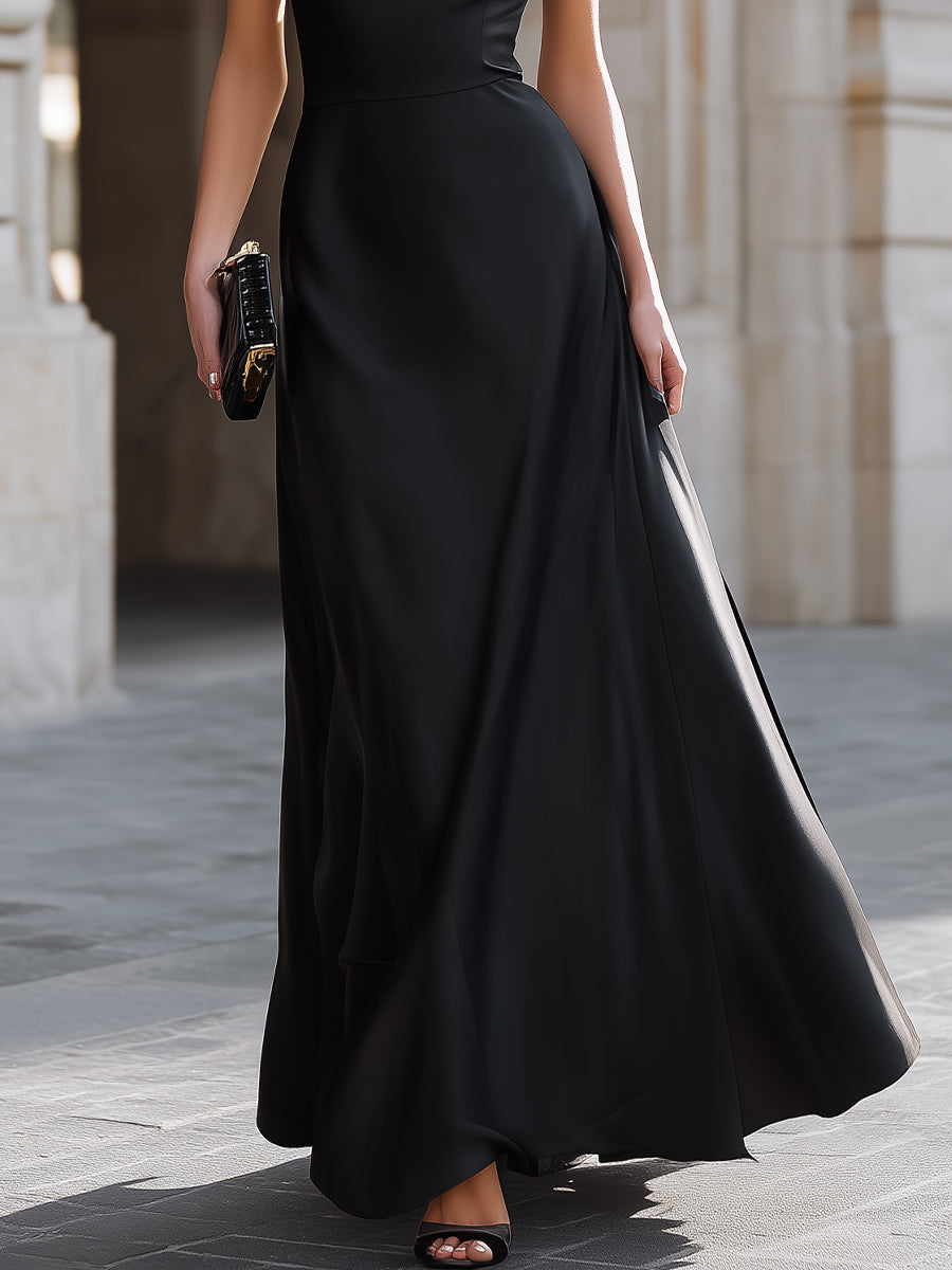 One-Shoulder Draped High-Neck Maxi Dress