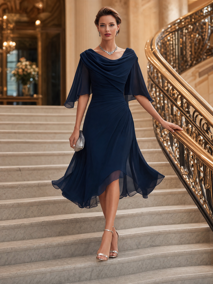 Cowl Drape Neck Ruched High Low Midi Dress