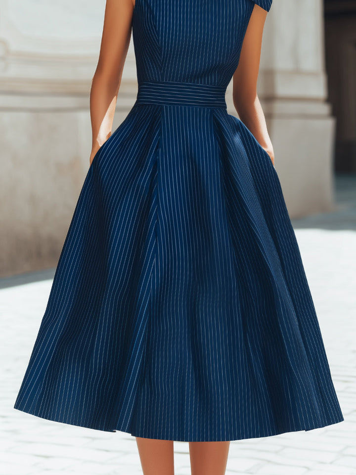 Bow Shoulder Pinstripe A-Line Midi Dress