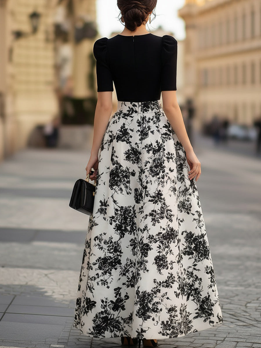 Black Puff Sleeve Bodice & Black Floral Print Maxi Dress