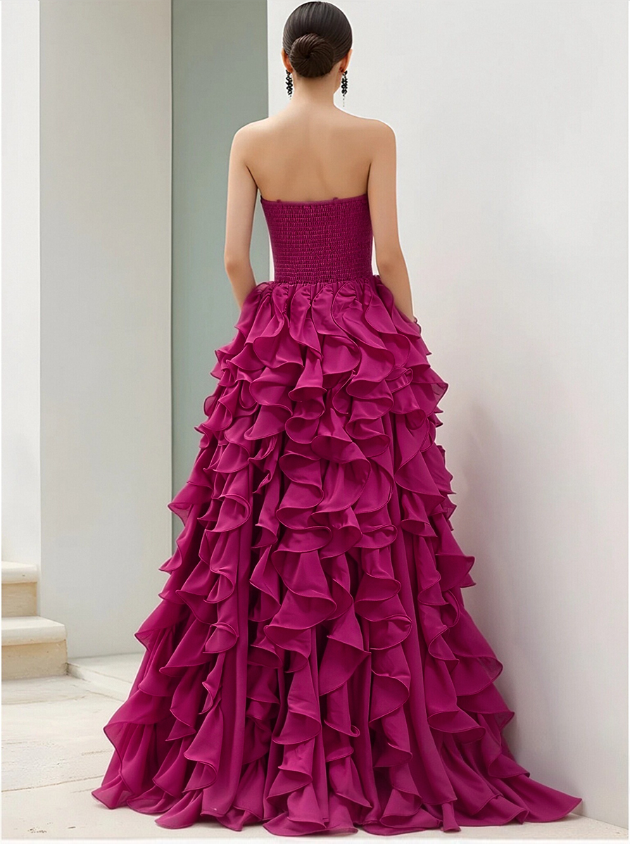 Strapless Magenta Ruffled Ball Gown