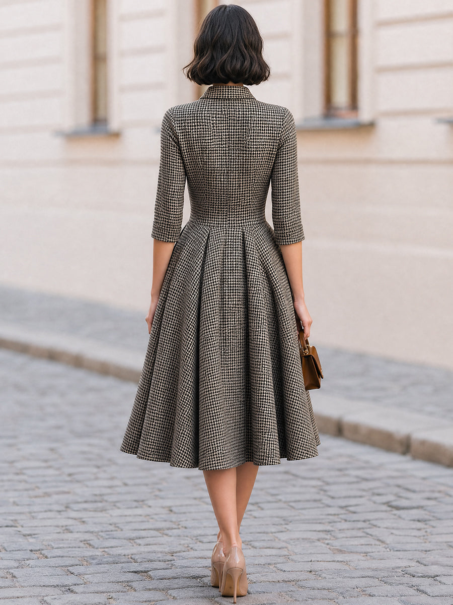 Houndstooth Collared 3/4 Sleeve Button Front A-Line Midi Dress
