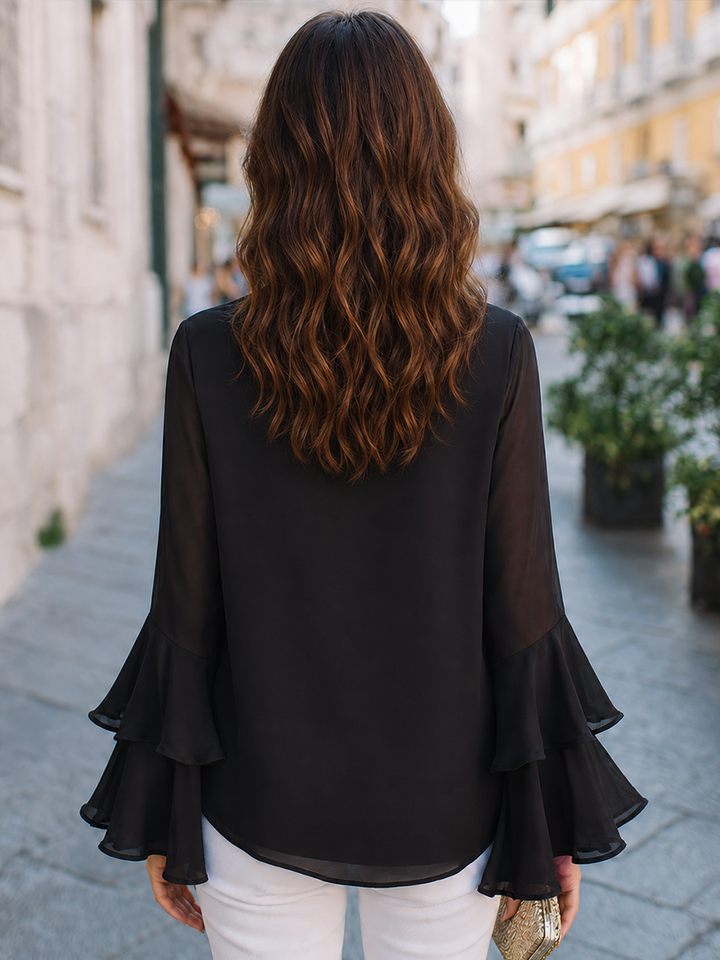 Tie-Neck Ruffle-Sleeve Flared Blouse