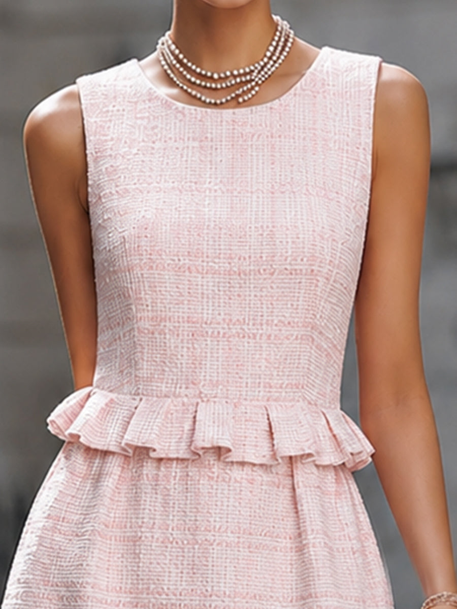 Elegant Pink Tweed Sleeveless Midi Dress